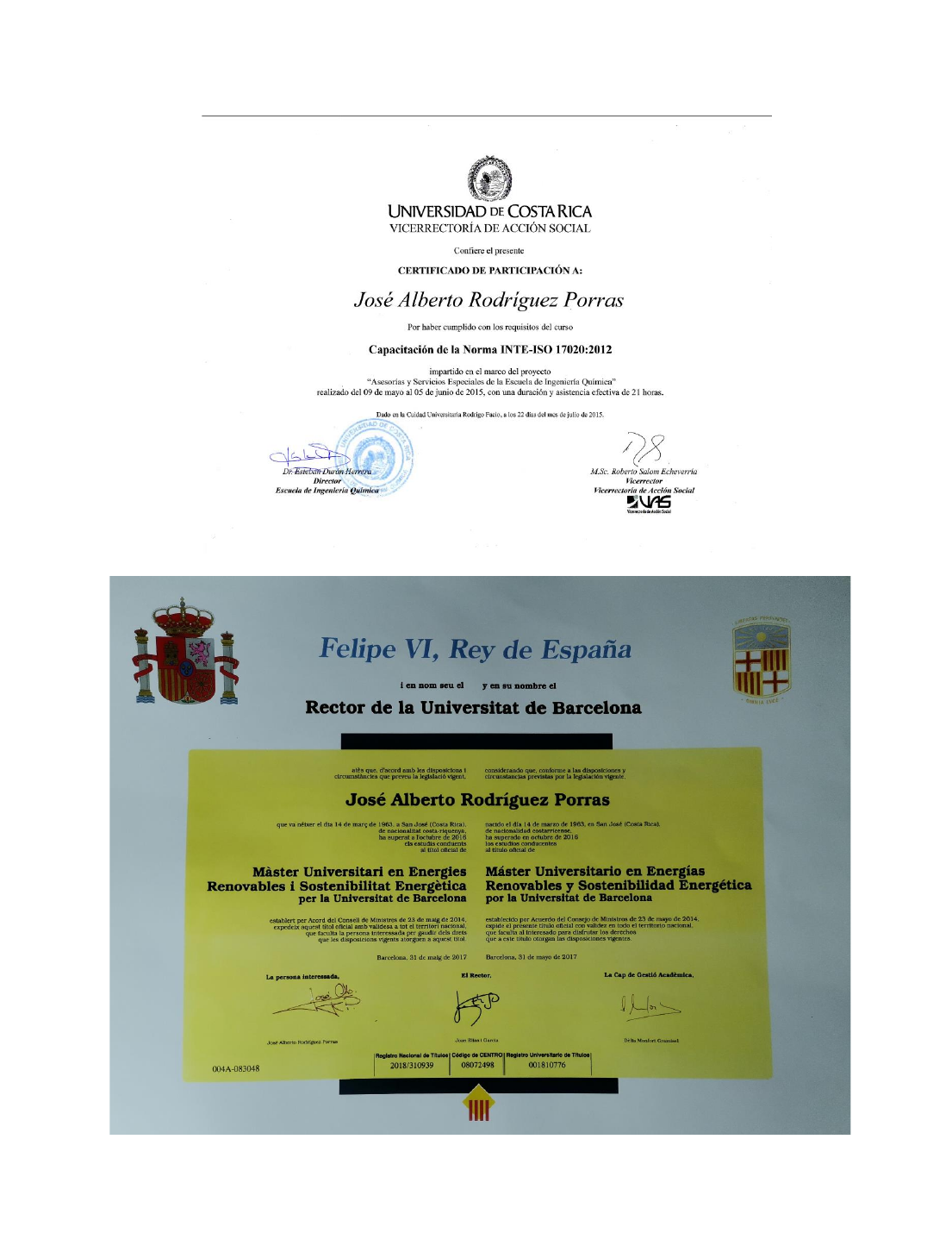 Certificación UCR y Máster Universidad de Barcelona