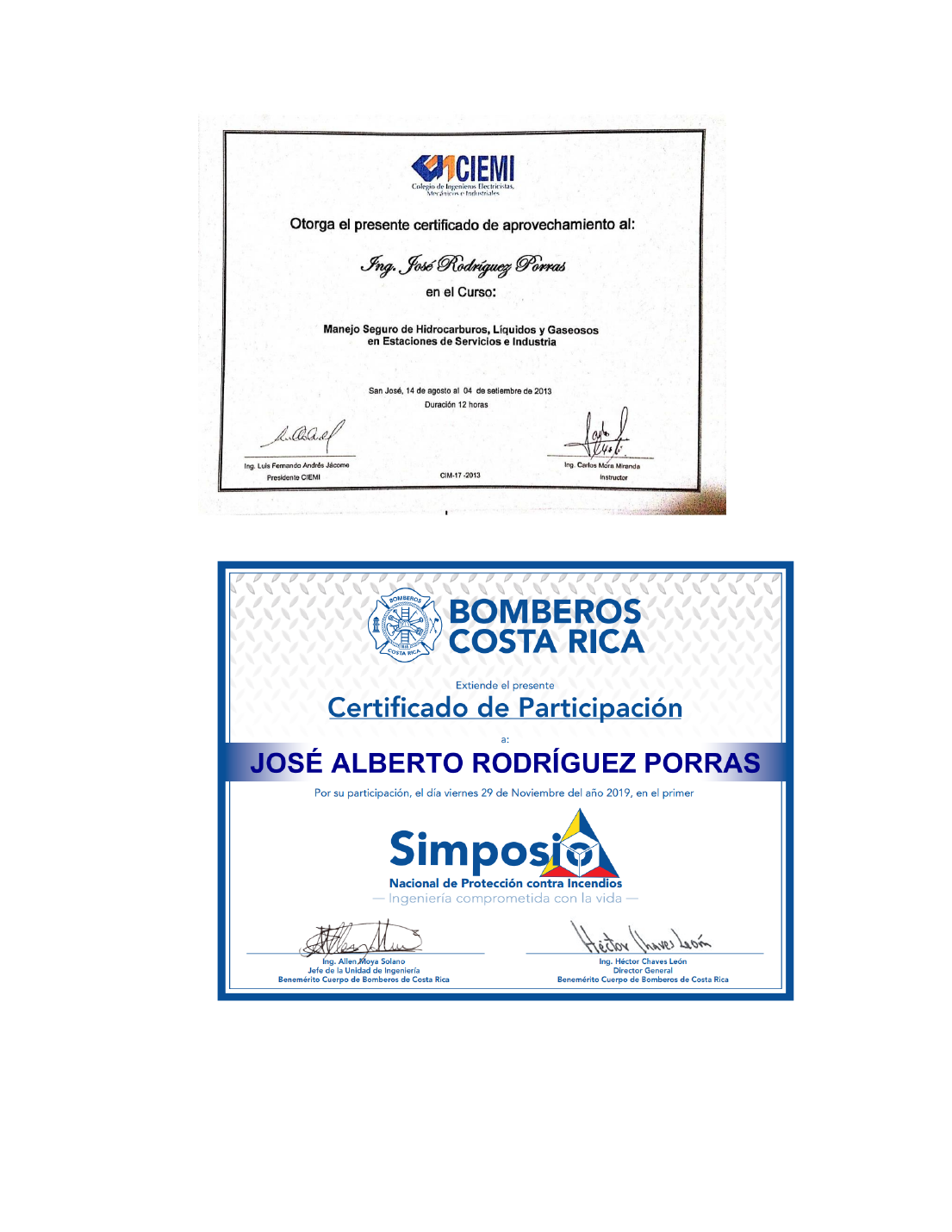 Certificado Bomberos Costa Rica